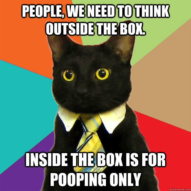 People, we need to think outside the box. Inside the box is for pooping only  Business Cat