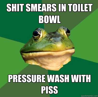 Shit smears in toilet bowl Pressure wash with piss  Foul Bachelor Frog