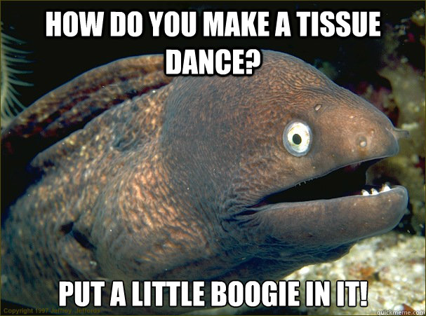 how do you make a tissue dance? put a little boogie in it!  Bad Joke Eel