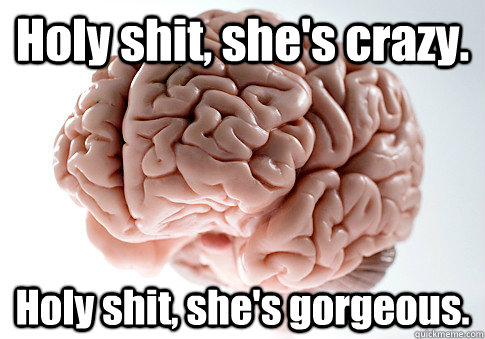 Holy shit, she's crazy. Holy shit, she's gorgeous.   Scumbag Brain