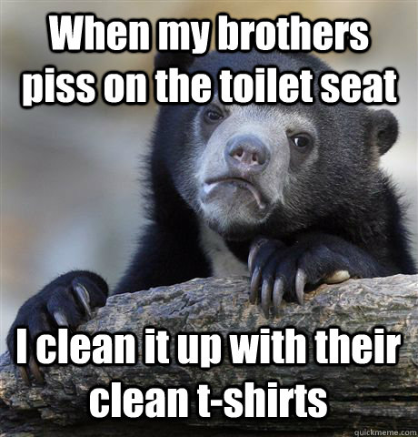 When my brothers piss on the toilet seat  I clean it up with their clean t-shirts  Confession Bear