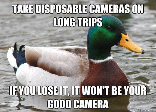take disposable cameras on long trips if you lose it, it won't be your good camera  Actual Advice Mallard