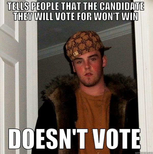 TELLS PEOPLE THAT THE CANDIDATE THEY WILL VOTE FOR WON'T WIN DOESN'T VOTE Scumbag Steve