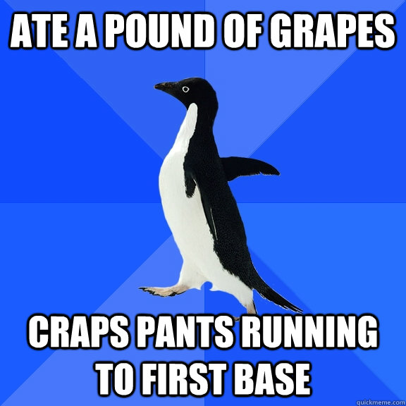 Ate a pound of grapes Craps pants running to first base  Socially Awkward Penguin