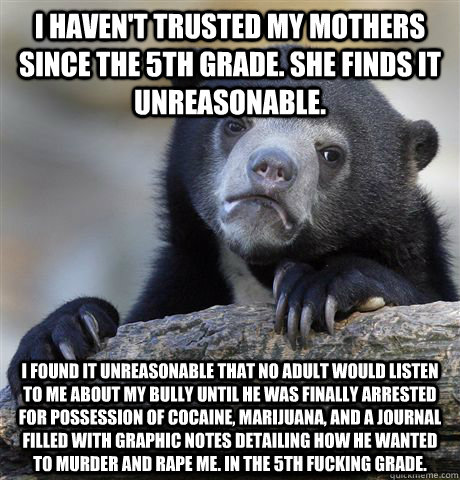 I haven't trusted my mothers since the 5th grade. She finds it unreasonable. I found it unreasonable that no adult would listen to me about my bully until he was finally arrested for possession of cocaine, marijuana, and a journal filled with graphic note  Confession Bear