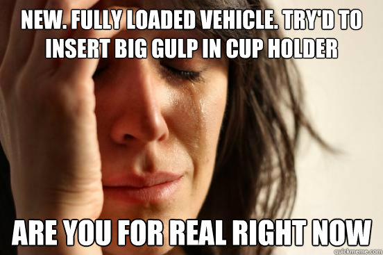 New. Fully loaded vehicle. try'd to insert big gulp in cup holder Are you for real right now  First World Problems