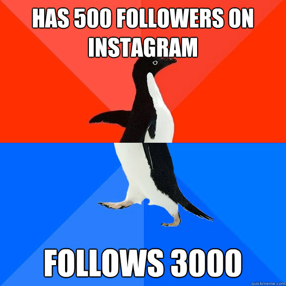 Has 500 followers on instagram follows 3000  Socially Awesome Awkward Penguin