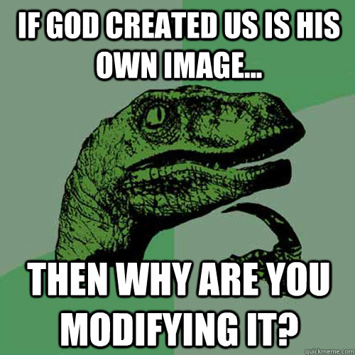 If god created us is his own image... Then why are you modifying it?  Philosoraptor