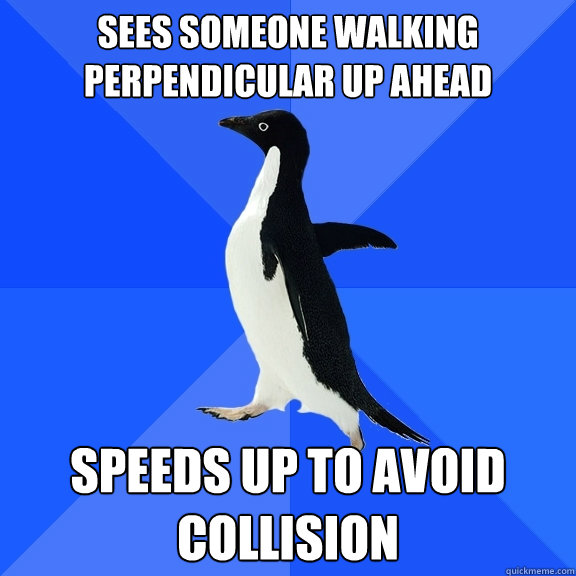 Sees someone walking perpendicular up ahead speeds up to avoid collision  Socially Awkward Penguin