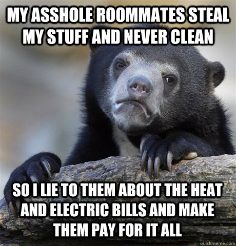 MY ASSHOLE ROOMMATES STEAL MY STUFF AND NEVER CLEAN SO I LIE TO THEM ABOUT THE HEAT AND ELECTRIC BILLS AND MAKE THEM PAY FOR IT ALL - MY ASSHOLE ROOMMATES STEAL MY STUFF AND NEVER CLEAN SO I LIE TO THEM ABOUT THE HEAT AND ELECTRIC BILLS AND MAKE THEM PAY FOR IT ALL  Confession Bear