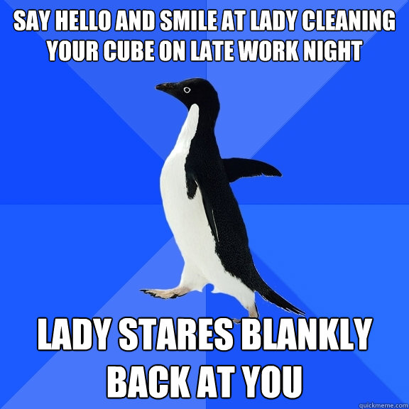 Say hello and smile at lady cleaning your cube on late work night  Lady stares blankly back at you  Socially Awkward Penguin