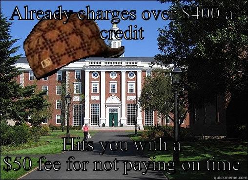ALREADY CHARGES OVER $400 A CREDIT HITS YOU WITH A $50 FEE FOR NOT PAYING ON TIME Scumbag University