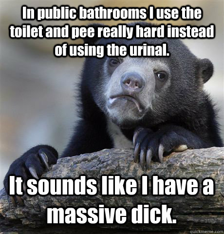 In public bathrooms I use the toilet and pee really hard instead of using the urinal. It sounds like I have a massive dick.  Confession Bear