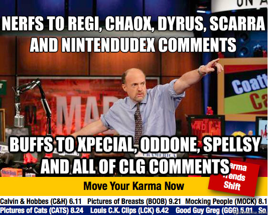 Nerfs to Regi, Chaox, Dyrus, Scarra and NintendudeX comments
 Buffs to Xpecial, Oddone, Spellsy and all of CLG comments  Mad Karma with Jim Cramer