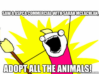 saw a aspca commercial with sarah mclachlan, ADOPT ALL THE ANIMALS!  All The Things