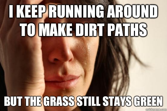 I keep running around to make dirt paths But the grass still stays green  First World Problems
