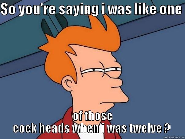 So your saying - SO YOU'RE SAYING I WAS LIKE ONE   OF THOSE COCK HEADS WHEN I WAS TWELVE ? Futurama Fry