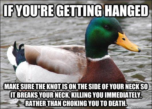 if you're getting hanged make sure the knot is on the side of your neck so it breaks your neck, killing you immediately, rather than choking you to death.  Actual Advice Mallard