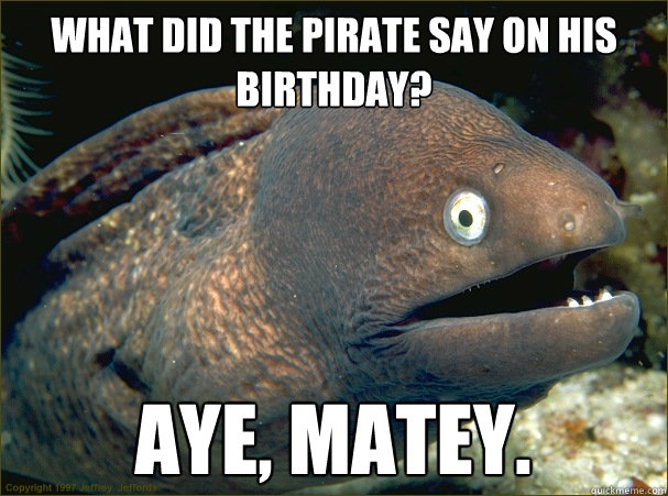 What did the Pirate say on his birthday? Aye, Matey.  Bad Joke Eel