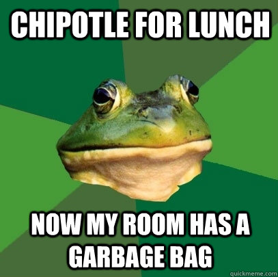 Chipotle for Lunch  Now my room has a garbage bag  Foul Bachelor Frog