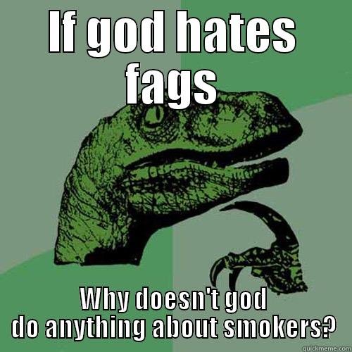IF GOD HATES FAGS WHY DOESN'T GOD DO ANYTHING ABOUT SMOKERS? Philosoraptor