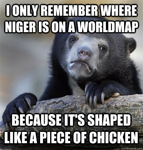 I ONLY REMEMBER WHERE NIGER IS ON A WORLDMAP BECAUSE IT'S SHAPED LIKE A PIECE OF CHICKEN - I ONLY REMEMBER WHERE NIGER IS ON A WORLDMAP BECAUSE IT'S SHAPED LIKE A PIECE OF CHICKEN  Confession Bear