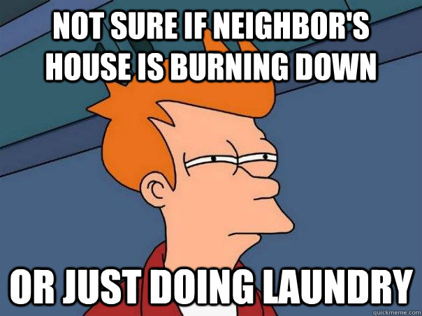 Not sure if neighbor's house is burning down Or just doing laundry  Futurama Fry