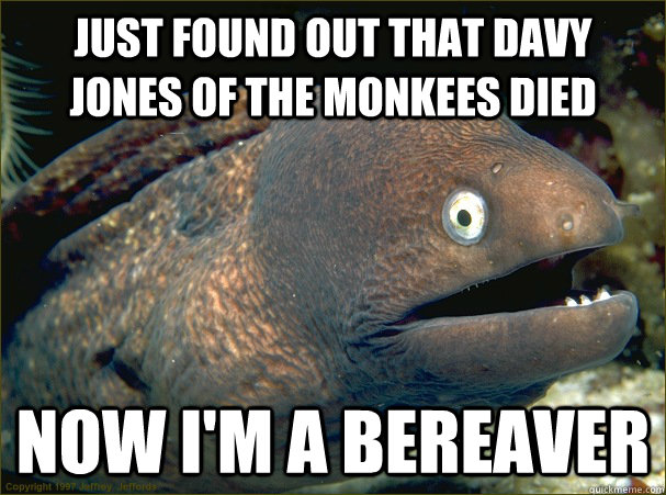 just found out that davy Jones of the monkees died now i'm a bereaver - just found out that davy Jones of the monkees died now i'm a bereaver  Bad Joke Eel