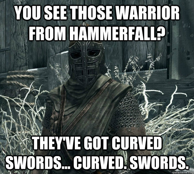 you see those warrior from hammerfall? they've got curved swords... curved. swords.  - you see those warrior from hammerfall? they've got curved swords... curved. swords.   Annoying Skyrim Guard