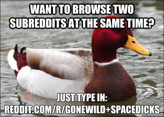 Want to browse two subreddits at the same time? Just type in:
Reddit.com/r/gonewild+spacedicks  Malicious Advice Mallard