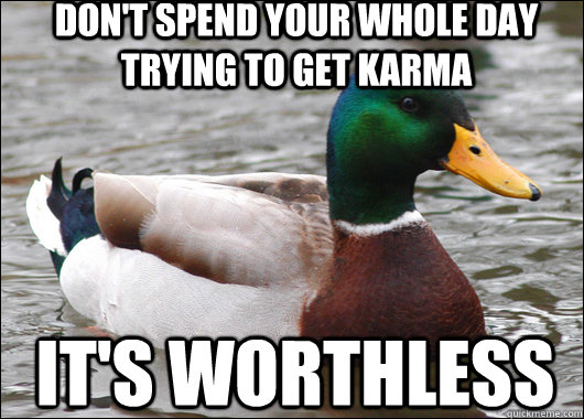 Don't spend your whole day trying to get karma  it's worthless  Actual Advice Mallard