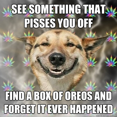 see something that pisses you off find a box of oreos and forget it ever happened  Stoner Dog