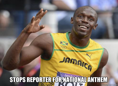 stops reporter for national anthem - stops reporter for national anthem  Good Guy Usain Bolt