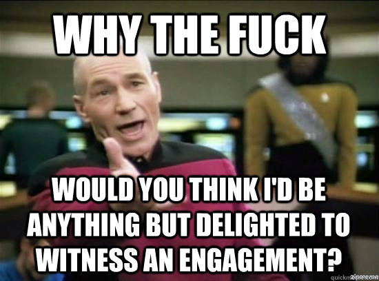 Why the fuck Would you think I'd be anything but delighted to witness an engagement?  Annoyed Picard HD