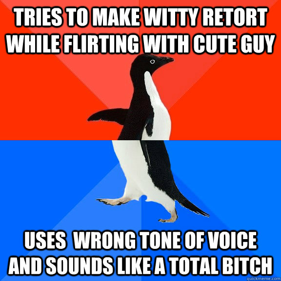 tries to make witty retort while flirting with cute guy uses  wrong tone of voice and sounds like a total bitch  Socially Awesome Awkward Penguin