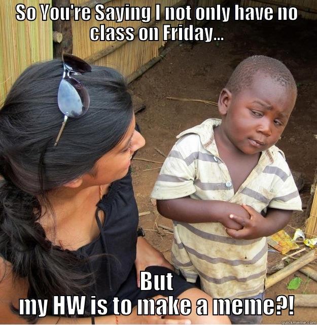 SO YOU'RE SAYING I NOT ONLY HAVE NO CLASS ON FRIDAY... BUT MY HW IS TO MAKE A MEME?! Skeptical Third World Kid