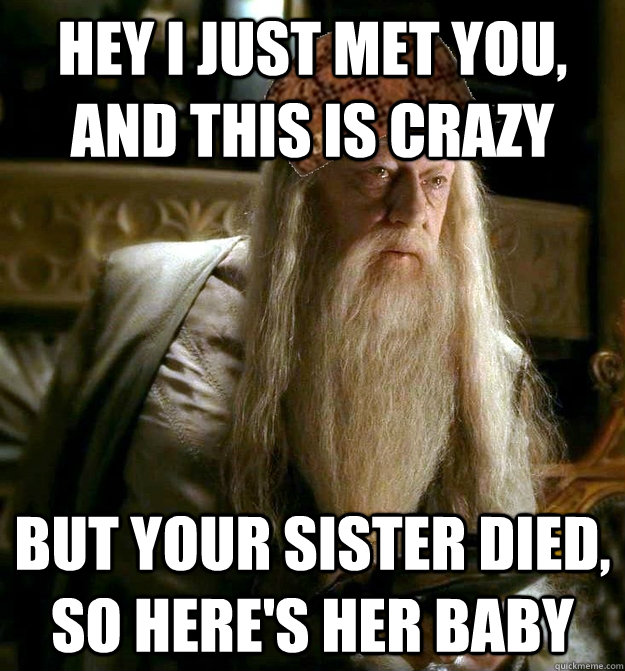 Hey I just met you, and this is crazy But your sister died, so here's her baby  Scumbag Dumbledore