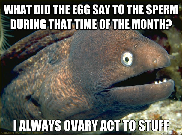 What did the egg say to the sperm during that time of the month? I always Ovary Act To Stuff  Bad Joke Eel