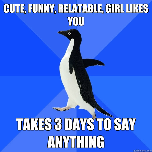 cute, funny, relatable, girl likes you  takes 3 days to say anything  Socially Awkward Penguin