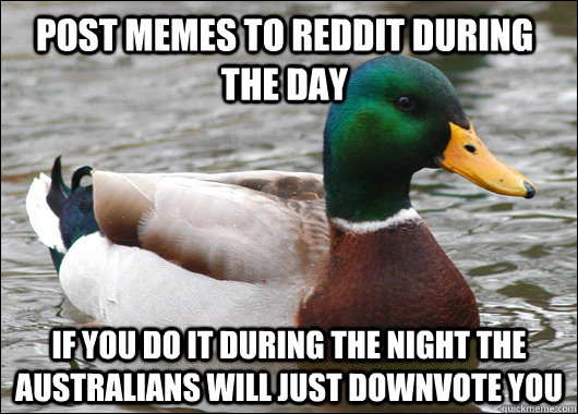 POST MEMES TO REDDIT DURING THE DAY IF YOU DO IT DURING THE NIGHT THE AUSTRALIANS WILL JUST DOWNVOTE YOU  Actual Advice Mallard