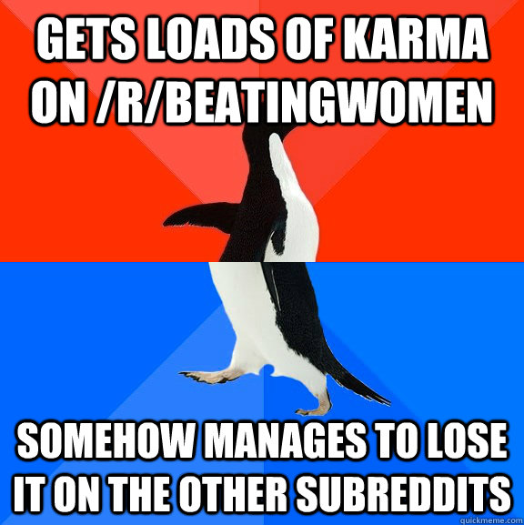 Gets loads of Karma on /r/beatingwomen Somehow manages to lose it on the other subreddits - Gets loads of Karma on /r/beatingwomen Somehow manages to lose it on the other subreddits  Socially Awesome Awkward Penguin