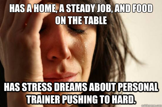 Has a home, a steady job, and food on the table has stress dreams about personal trainer pushing to hard.  First World Problems