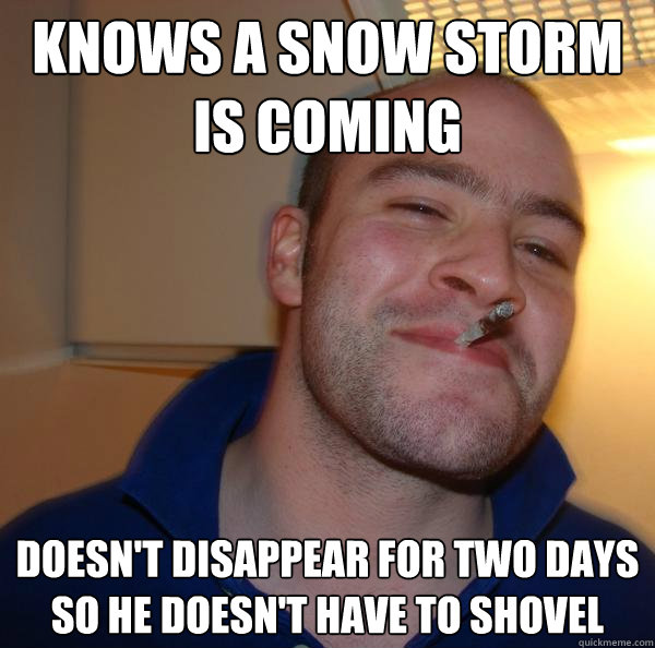 knows a snow storm is coming doesn't disappear for two days so he doesn't have to shovel - knows a snow storm is coming doesn't disappear for two days so he doesn't have to shovel  Misc