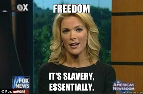 Freedom It's slavery, 
Essentially.  Megyn Kelly