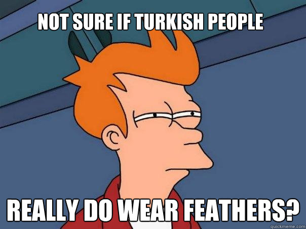 not sure if turkish people really do wear feathers?  Futurama Fry