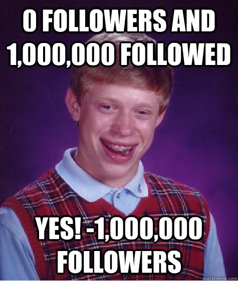 0 followers and 1,000,000 followed yes! -1,000,000 followers  Bad Luck Brian