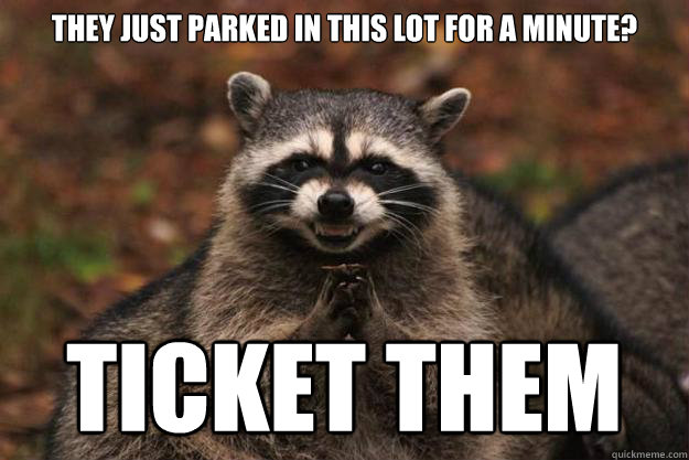they just parked in this lot for a minute? TICKET TheM  Evil Plotting Raccoon