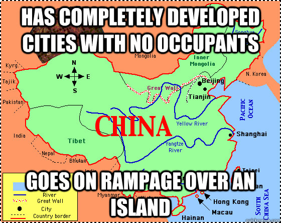 Has completely developed cities with no occupants Goes on rampage over an island  