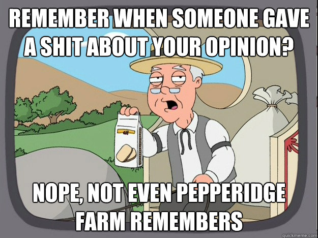 Remember when someone gave a shit about your opinion? nope, not even pepperidge farm remembers  - Remember when someone gave a shit about your opinion? nope, not even pepperidge farm remembers   Misc