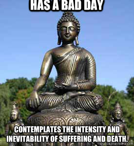 Has a bad day Contemplates the intensity and inevitability of suffering and death.   